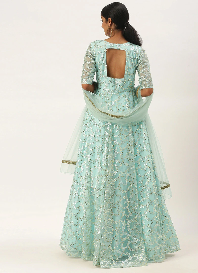 Blue Embroidered Floor Length Bridal Gown Party Wear 4 Blue Embroidered Floor Length Bridal Gown Party Wear - Image 4