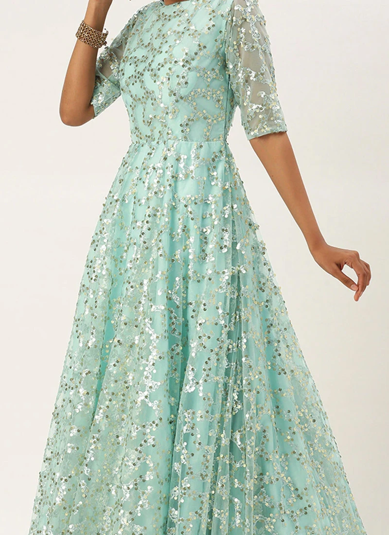 Blue Embroidered Floor Length Bridal Gown Party Wear 1 Blue Embroidered Floor Length Bridal Gown Party Wear