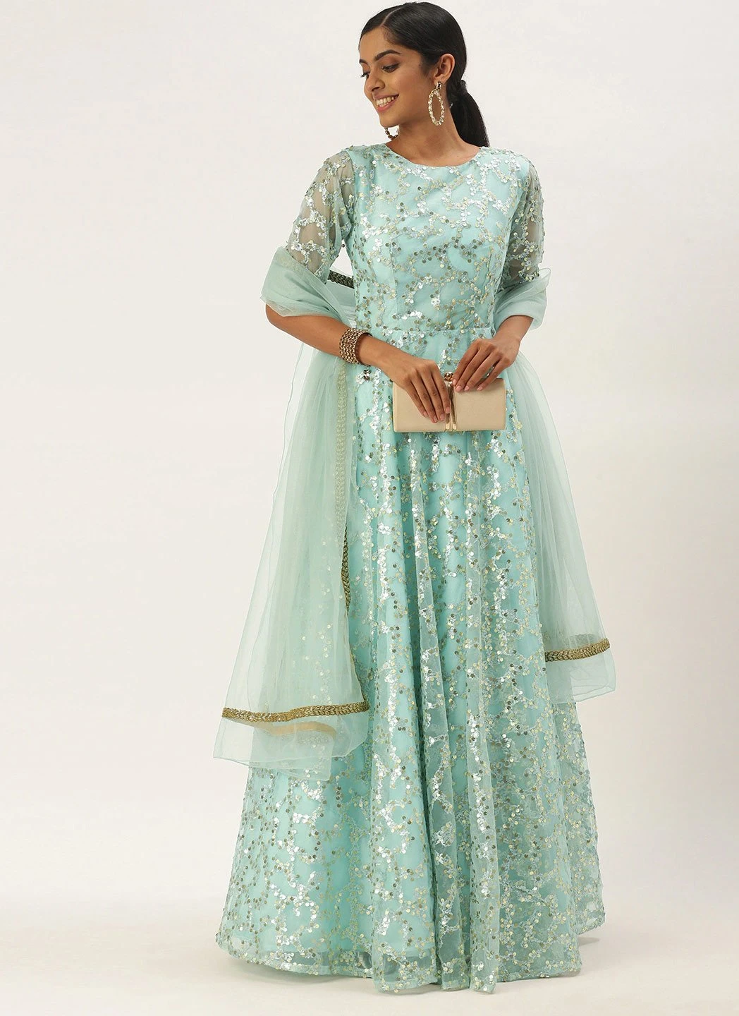 Blue Embroidered Floor Length Bridal Gown Party Wear 3 Blue Embroidered Floor Length Bridal Gown Party Wear - Image 3