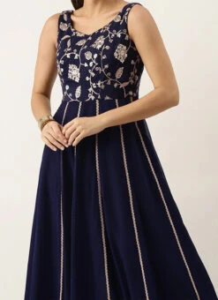 Blue Embroidered Kali Gown Party Wear