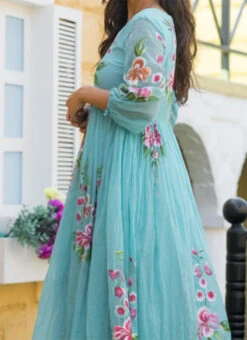 Blue Faux Chiffon Digital Print Fit And Flare Dress After Six Wear