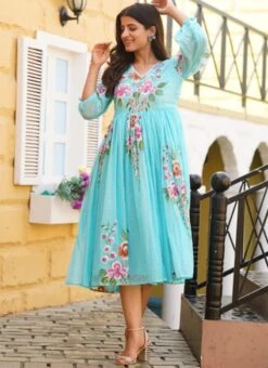 Blue Faux Chiffon Digital Print Fit And Flare Dress After Six Wear -Indo Clothing Shop Blue Faux Chiffon Digital Print Fit And Flare Dress DRSSUF1302 u