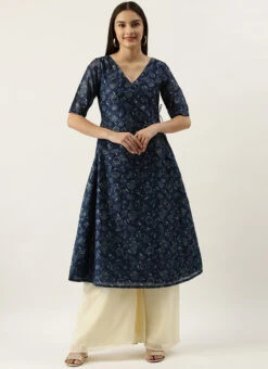 Blue Foil Calf Length Kurta Set After Six Wear -Indo Clothing Shop Blue Foil Calf Length Kurta Set KSBS02201303 u