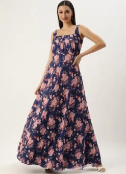 Blue Georgette Digital Printed Dress Party Wear -Indo Clothing Shop Blue Georgette Digital Printed Dress DRBS02302298 u