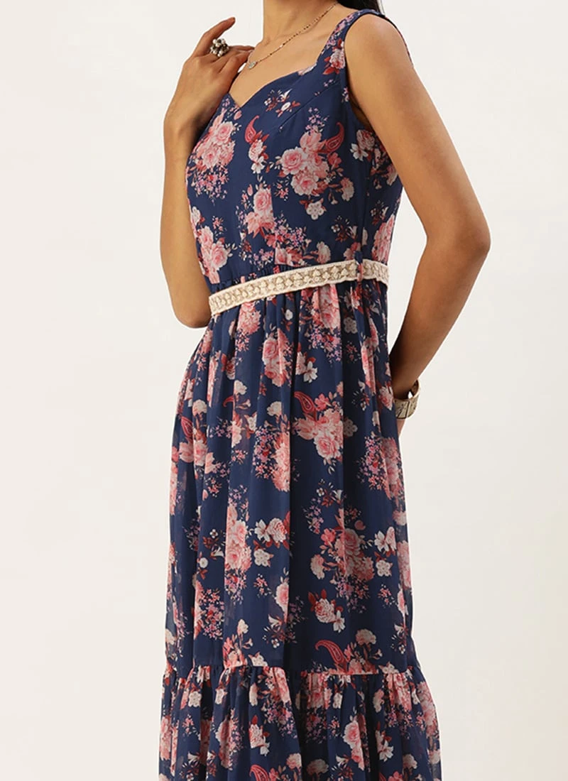 Blue Georgette Digital Printed Tiered Dress Festive Wear 1 Blue Georgette Digital Printed Tiered Dress Festive Wear