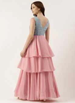 Blue Georgette Embroidered V Neck Pink Gown Party Wear -Indo Clothing Shop Blue Georgette Embroidered V Neck Pink Gown IWBS02301794 b