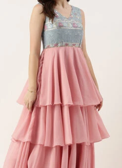 Blue Georgette Embroidered V Neck Pink Gown Party Wear