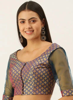 Blue Jacquard Blouse Festive Wear -Indo Clothing Shop Blue Jacquard Blouse BLBS02305286 u