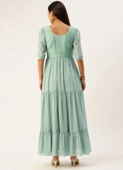 Blue Modal Satin N Geogette Flare Dress Festive Wear 11 Blue Modal Satin N Geogette Flare Dress Festive Wear -Indo Clothing Shop Blue Modal Satin N Geogette Flare Dress DRBS02301788 b