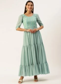 Blue Modal Satin N Geogette Flare Dress Festive Wear 10 Blue Modal Satin N Geogette Flare Dress Festive Wear -Indo Clothing Shop Blue Modal Satin N Geogette Flare Dress DRBS02301788 u