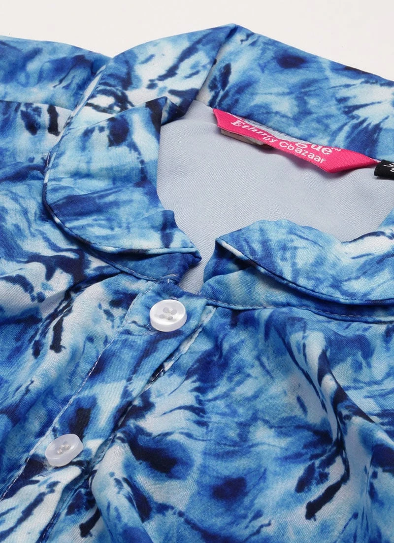 Blue Muslin Printed Mini Dress Party Wear 5 Blue Muslin Printed Mini Dress Party Wear - Image 5