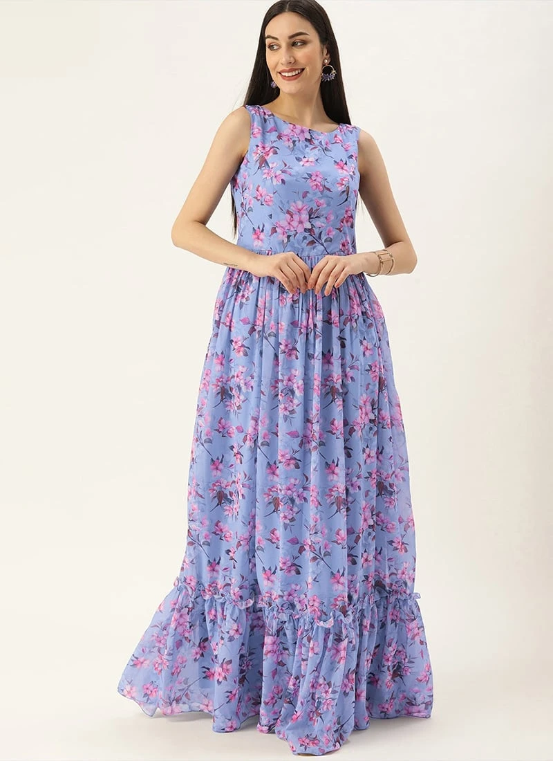 Blue N Pink Digital Printed Georgette Tiered Dress After Six Wear 3 Blue N Pink Digital Printed Georgette Tiered Dress After Six Wear - Image 3