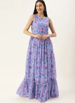Blue N Pink Digital Printed Georgette Tiered Dress After Six Wear Festive Wear -Indo Clothing Shop Blue N Pink Digital Printed Georgette Tiered Dress DRBS02104273 u