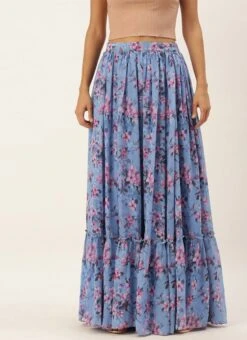 Blue N Pink Digital Printed Georgette Tiered Skirt Festive Wear -Indo Clothing Shop Blue N Pink Digital Printed Georgette Tiered Skirt WBBS02012681 u