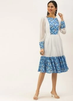 Blue N White Digital Printed Dress Festive Wear -Indo Clothing Shop Blue N White Digital Printed Dress DRBS02208510 u