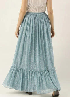 Blue N White Digital Printed Georgette Tiered Skirt Festive Wear -Indo Clothing Shop Blue N White Digital Printed Georgette Tiered Skirt WBBS02012682 b