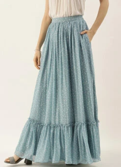 Blue N White Digital Printed Georgette Tiered Skirt Festive Wear