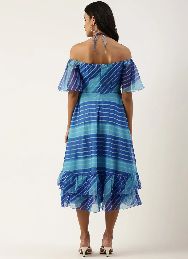 Blue Organza Printed Dress Party Wear 4 Blue Organza Printed Dress Party Wear - Image 4
