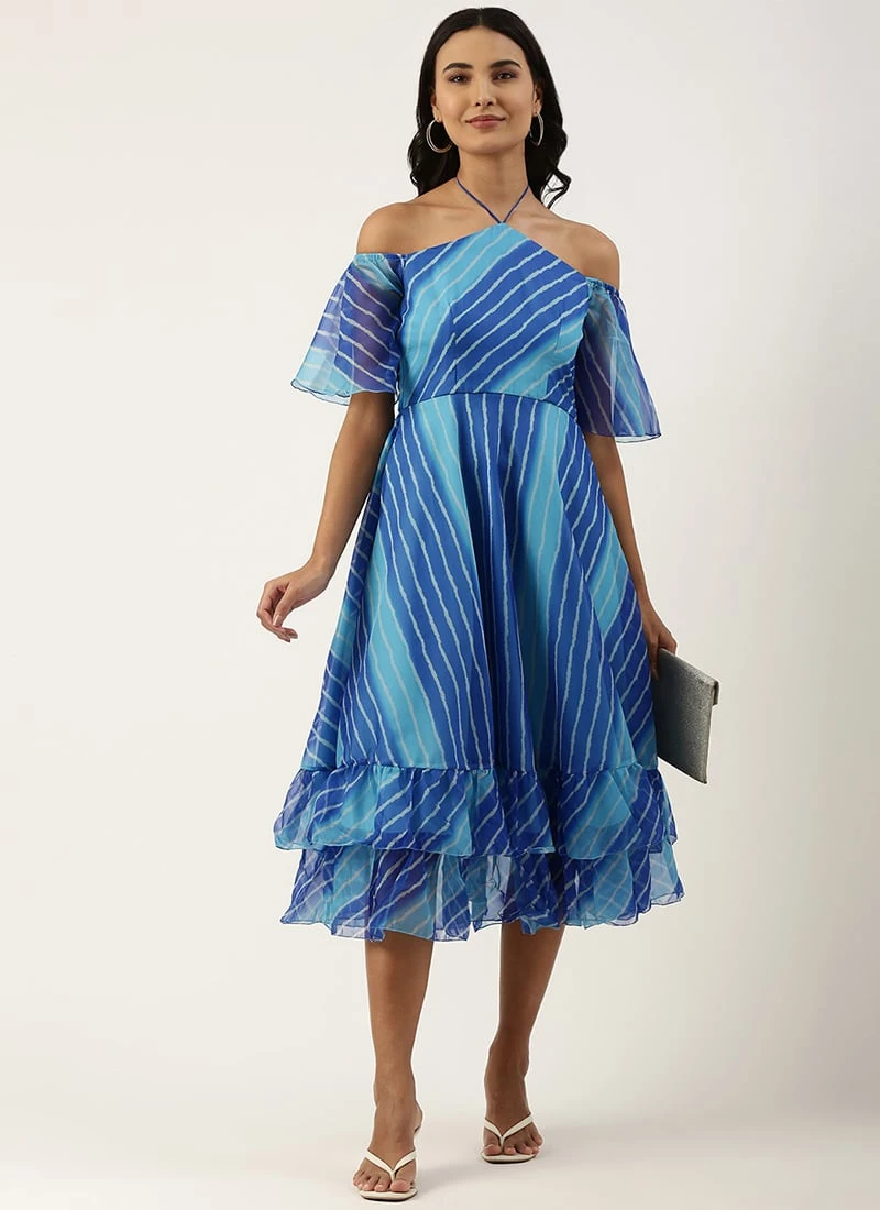 Blue Organza Printed Dress Party Wear 3 Blue Organza Printed Dress Party Wear - Image 3