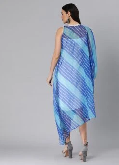 Blue Organza Printed Kaftan Dress Festive Wear -Indo Clothing Shop Blue Organza Printed Kaftan Dress DRBS02204783 b