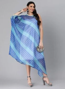 Blue Organza Printed Kaftan Dress Festive Wear -Indo Clothing Shop Blue Organza Printed Kaftan Dress DRBS02204783 u