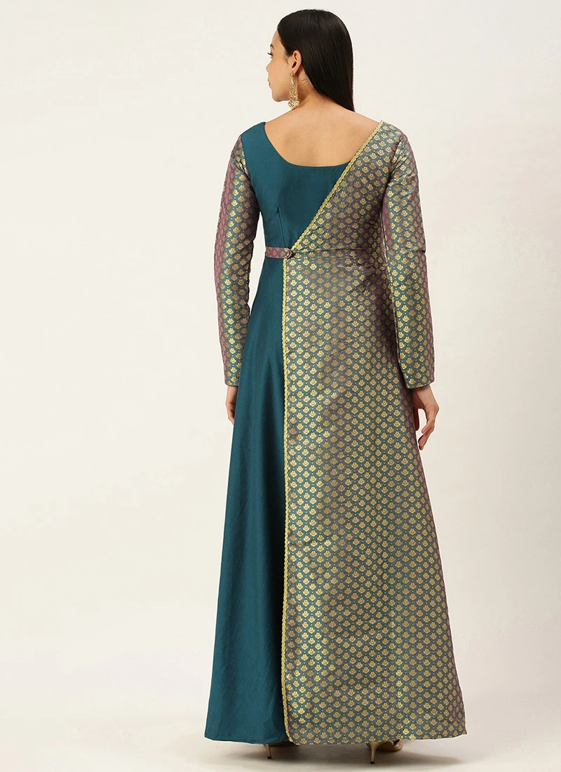 Blue Overlapping Jacquard Gown Festive Wear 4 Blue Overlapping Jacquard Gown Festive Wear - Image 4