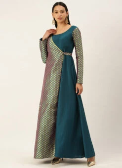 Blue Overlapping Jacquard Gown Festive Wear 10 Blue Overlapping Jacquard Gown Festive Wear -Indo Clothing Shop Blue Overlapping Jacquard Gown IWBS02111150 u
