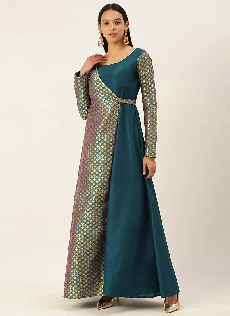Blue Overlapping Jacquard Gown Festive Wear 3 Blue Overlapping Jacquard Gown Festive Wear - Image 3