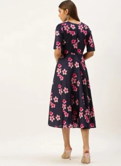 Blue Printed Art Silk Fit And Flare Dress After Six Wear -Indo Clothing Shop Blue Printed Art Silk Fit And Flare Dress DRBS02203484 b