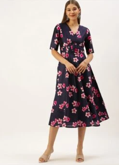 Blue Printed Art Silk Fit And Flare Dress After Six Wear -Indo Clothing Shop Blue Printed Art Silk Fit And Flare Dress DRBS02203484 u