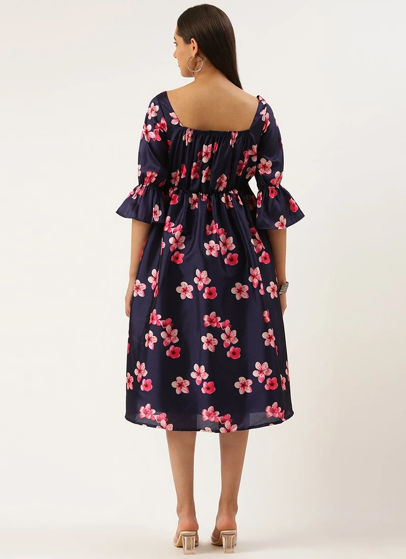 Blue Printed Art Silk Dress Festive Wear 4 Blue Printed Art Silk Dress Festive Wear - Image 4