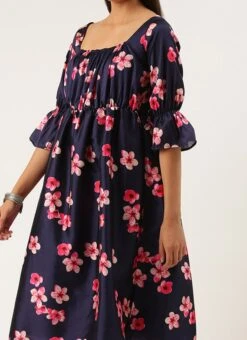 Blue Printed Art Silk Dress Festive Wear