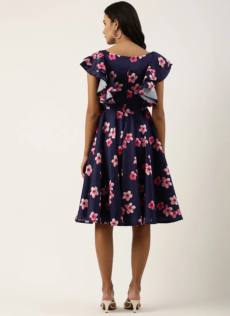 Blue Printed Art Silk Ruffled Dress Festive Wear 4 Blue Printed Art Silk Ruffled Dress Festive Wear - Image 4