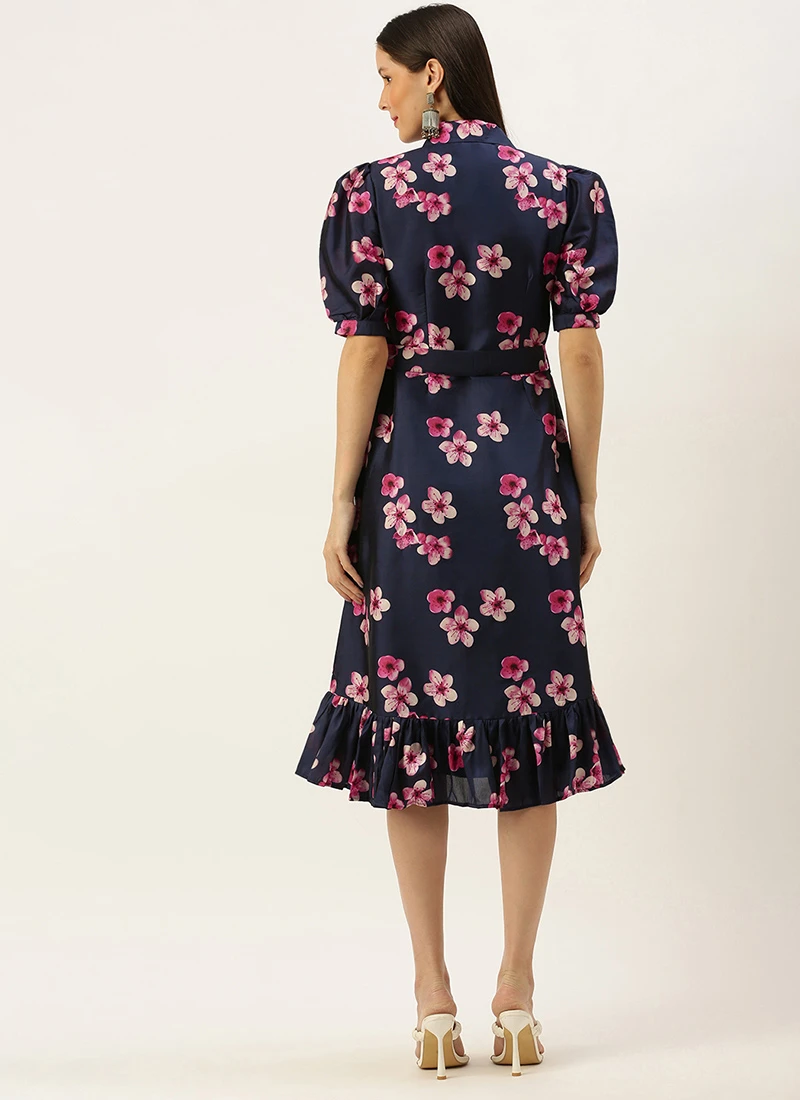 Blue Printed Art Silk Shirt Dress After Six Wear 4 Blue Printed Art Silk Shirt Dress After Six Wear - Image 4