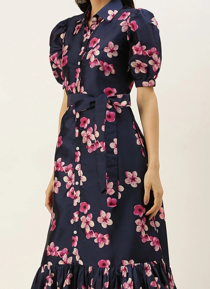 Blue Printed Art Silk Shirt Dress After Six Wear 1 Blue Printed Art Silk Shirt Dress After Six Wear