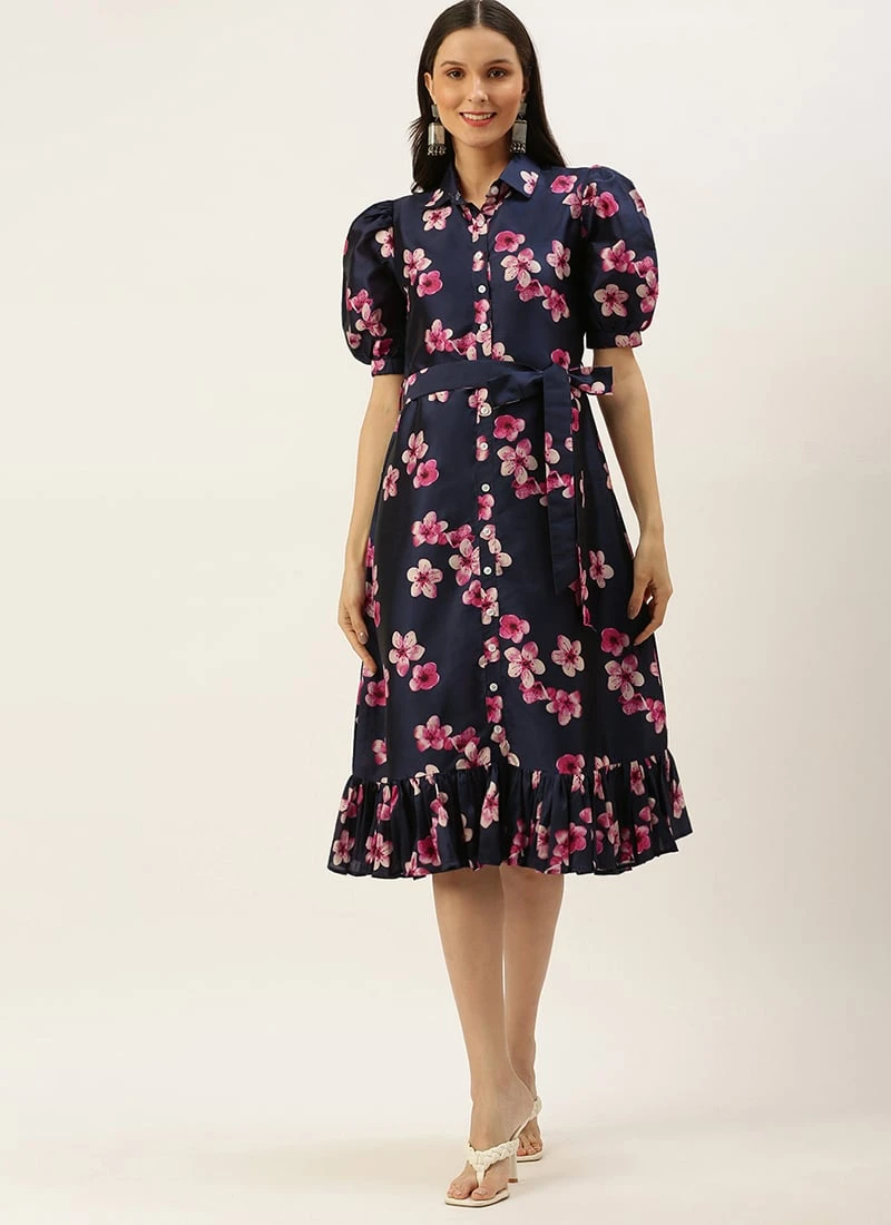 Blue Printed Art Silk Shirt Dress After Six Wear 3 Blue Printed Art Silk Shirt Dress After Six Wear - Image 3