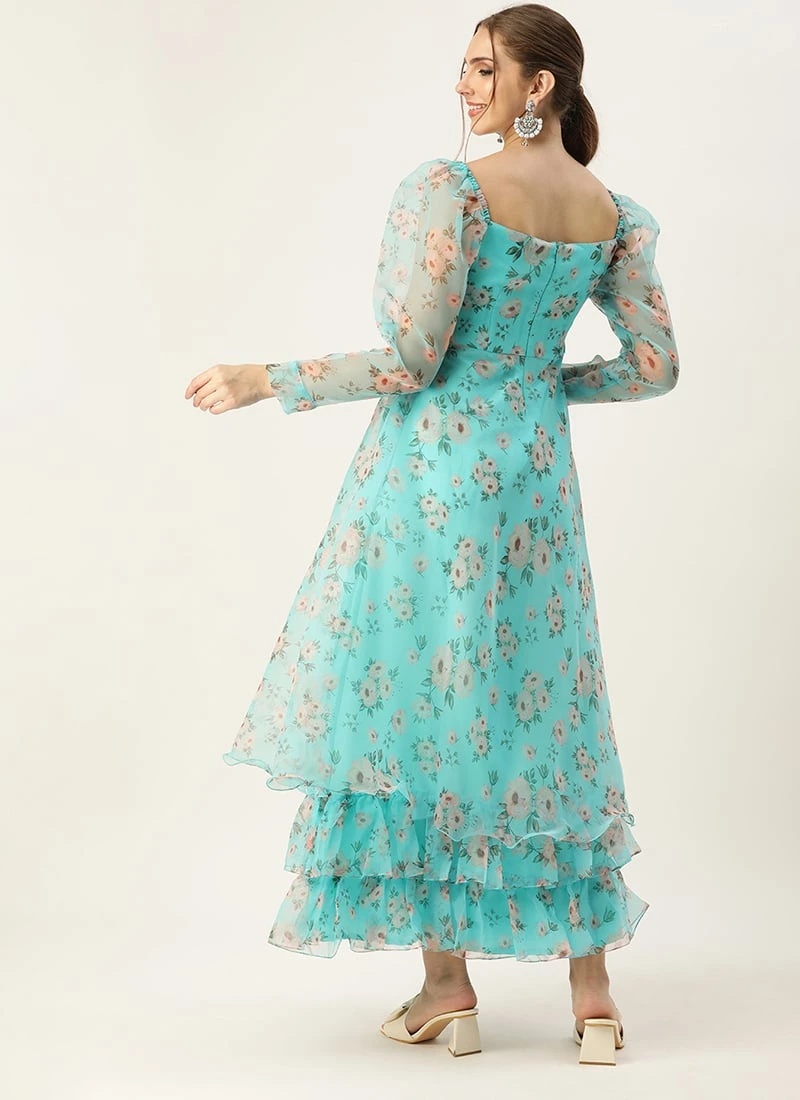 Blue Printed Organza Maxi Dress Festive Wear 4 Blue Printed Organza Maxi Dress Festive Wear - Image 4
