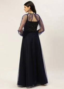 Blue Velvet Embroidered Dress With Cape Party Wear Festive Wear 10 Blue Velvet Embroidered Dress With Cape Party Wear Festive Wear -Indo Clothing Shop Blue Velvet Embroidered Dress With Cape DRBS02211229 b 1