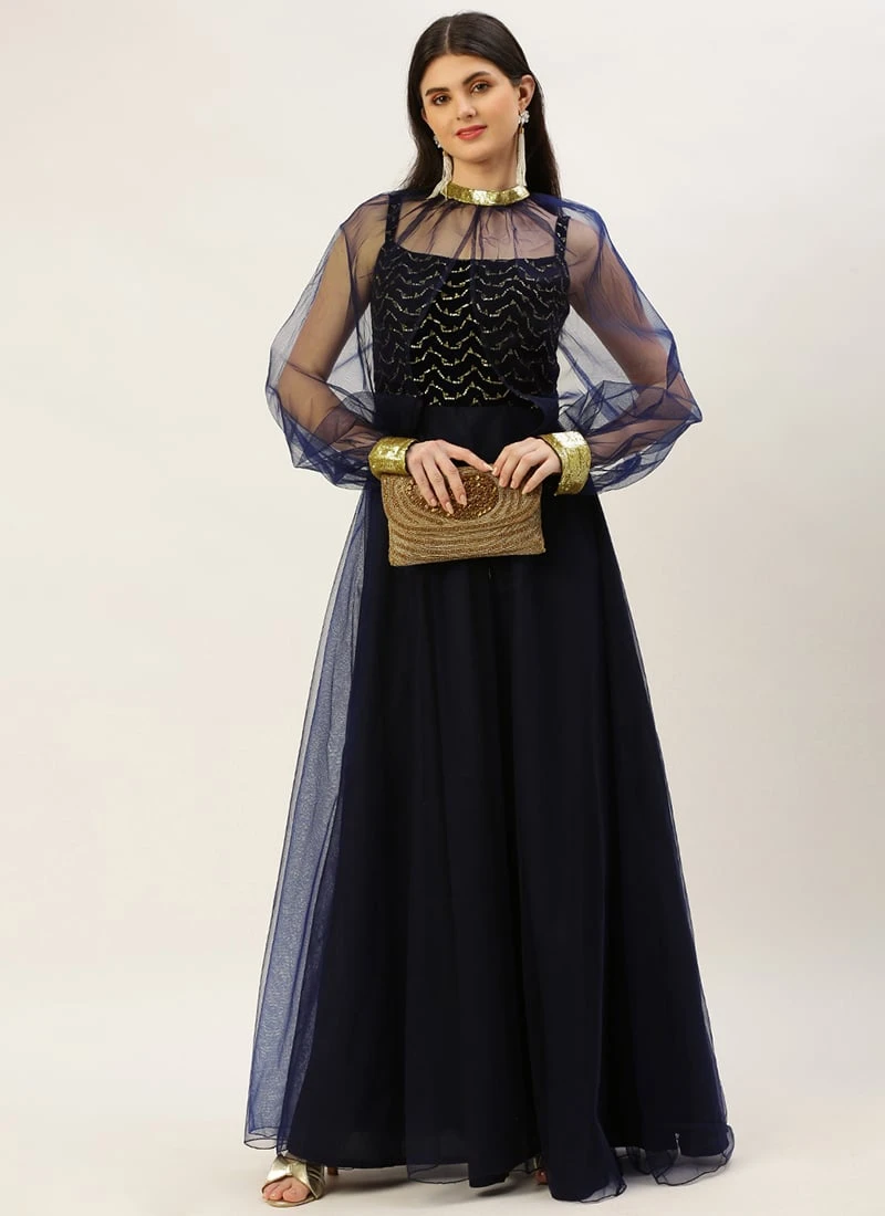 Blue Velvet Embroidered Dress With Cape Party Wear 3 Blue Velvet Embroidered Dress With Cape Party Wear - Image 3