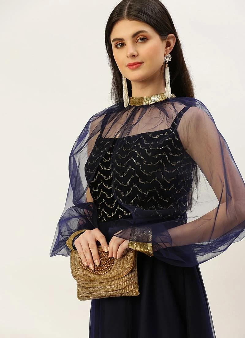 Blue Velvet Embroidered Dress With Cape Party Wear Festive Wear 5 Blue Velvet Embroidered Dress With Cape Party Wear Festive Wear - Image 5