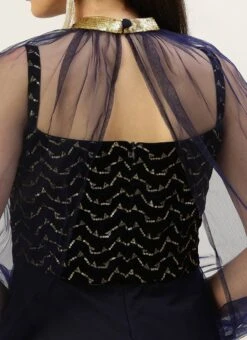 Blue Velvet Embroidered Dress With Cape Party Wear 12 Blue Velvet Embroidered Dress With Cape Party Wear -Indo Clothing Shop Blue Velvet Embroidered Dress With Cape DRBS02211229 rrc2