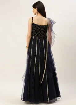 Blue Velvet Embroidered Gown With Dupatta Party Wear -Indo Clothing Shop Blue Velvet Embroidered Gown With Dupatta IWBS02212536 b