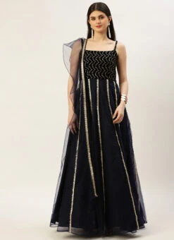 Blue Velvet Embroidered Gown With Dupatta Party Wear -Indo Clothing Shop Blue Velvet Embroidered Gown With Dupatta IWBS02212536 u