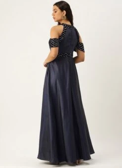 Blue Velvet Embroidered Off Shoulder Dress Festive Wear Party Wear 11 Blue Velvet Embroidered Off Shoulder Dress Festive Wear Party Wear -Indo Clothing Shop Blue Velvet Embroidered Off Shoulder Dress DRBS02211083 b