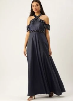 Blue Velvet Embroidered Off Shoulder Dress Festive Wear Party Wear 10 Blue Velvet Embroidered Off Shoulder Dress Festive Wear Party Wear -Indo Clothing Shop Blue Velvet Embroidered Off Shoulder Dress DRBS02211083 u