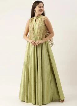 Ethnovog Pista Green Jacket Style Gown Party Wear -Indo Clothing Shop Bollywood Vogue Custom Made Jacket Style Gown IWBV01904923 u