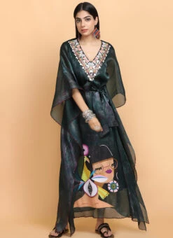 Bottle Green Handpainted Kaftan Set Party Wear -Indo Clothing Shop Bottle Green Handpainted Kaftan set KFDASCT142 u
