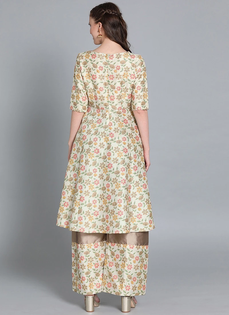 Cream Embroidered Kurta N Wide Leg Pant Festive Wear 4 Cream Embroidered Kurta N Wide Leg Pant Festive Wear - Image 4