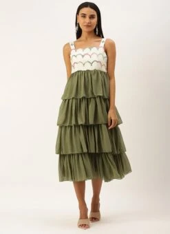 Cream Embroidered Layered Dress Party Wear -Indo Clothing Shop Cream Embroidered Layered Dress DRBS02209666 u