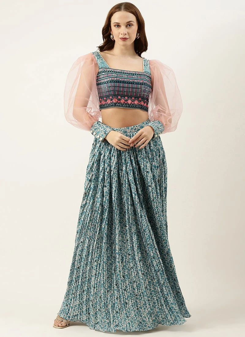 Skirt From Cream N Blue Printed Chinon Skirt Set After Six Wear 3 Skirt From Cream N Blue Printed Chinon Skirt Set After Six Wear - Image 3